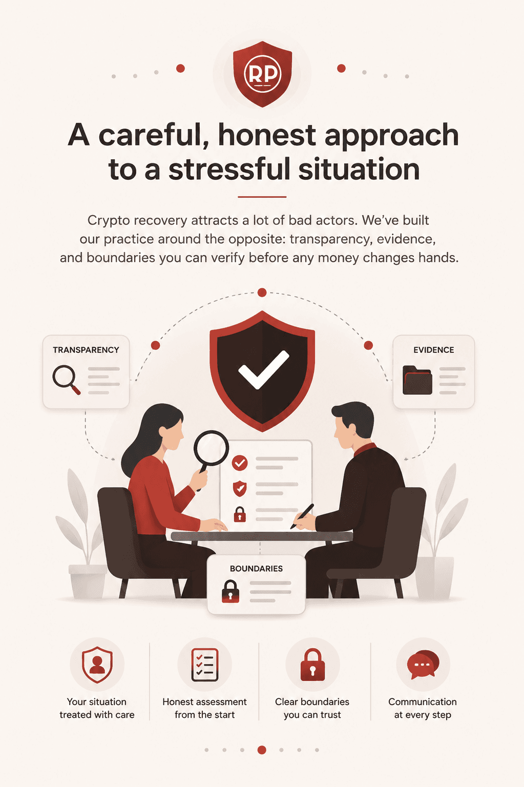 Why work with us: a careful, honest approach to a stressful situation — your situation treated with care, honest assessment from the start, clear boundaries you can trust, and communication at every step.